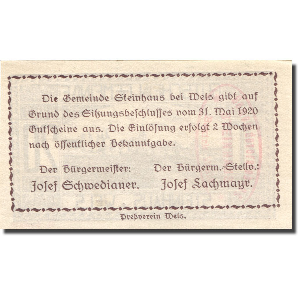 Banknote, Austria, Steinhaus, 20 Heller, village, 1920 UNC(63) Mehl:FS 1030Ia