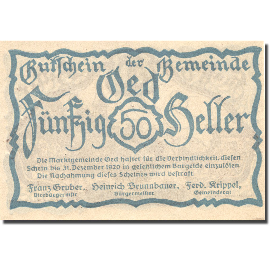 Banknote, Austria, Oed, 50 Heller, village 1920-12-31, UNC(63), Mehl:FS 703a