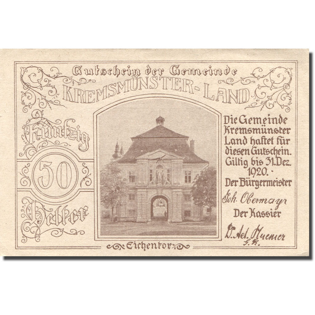 Banknote, Austria, Kremsmunster, 50 Heller château 1920 UNC(60-62) Mehl:FS 475