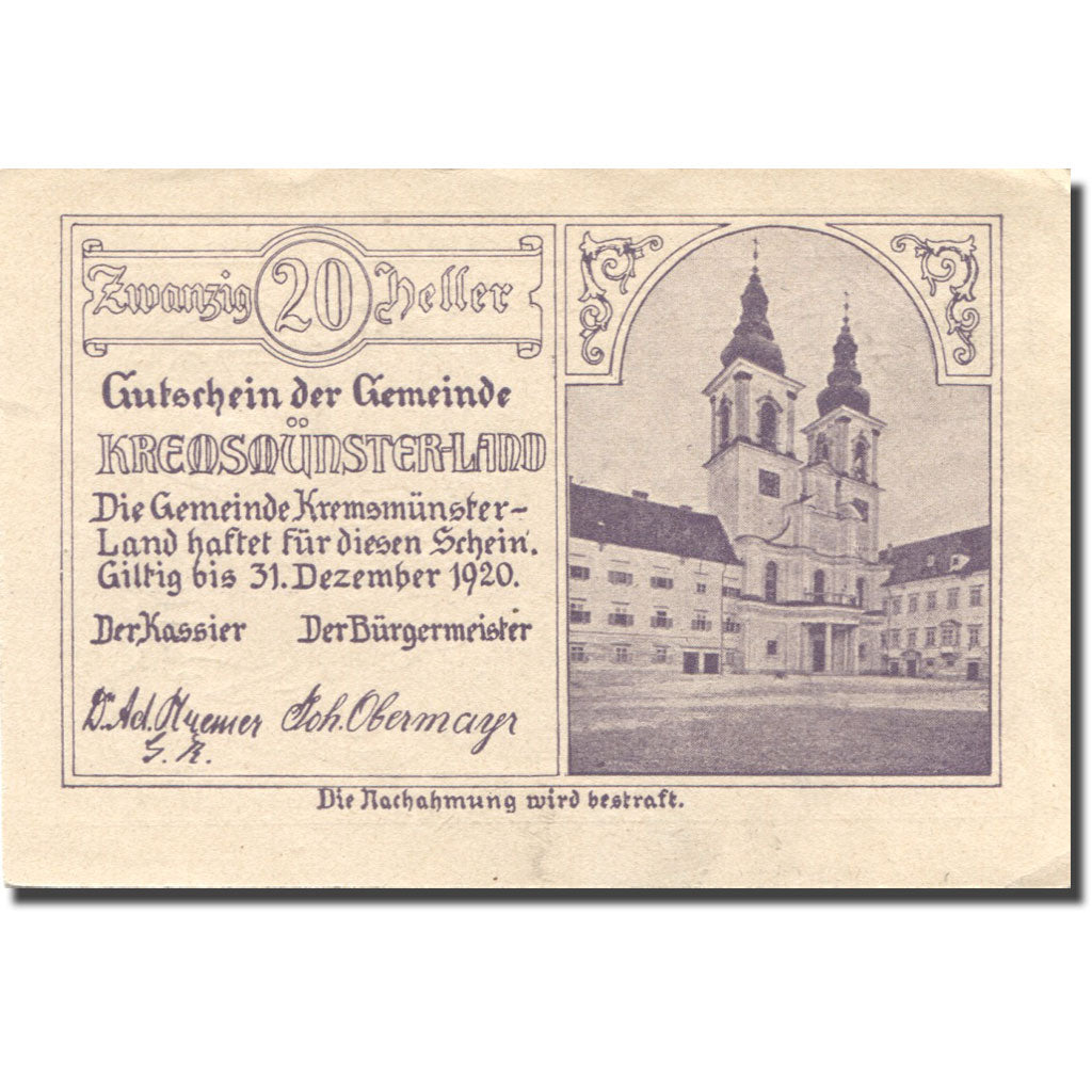 Banknote, Austria, Kremsmunster, 20 Heller, château, 1920 UNC(63)  Mehl:FS 475