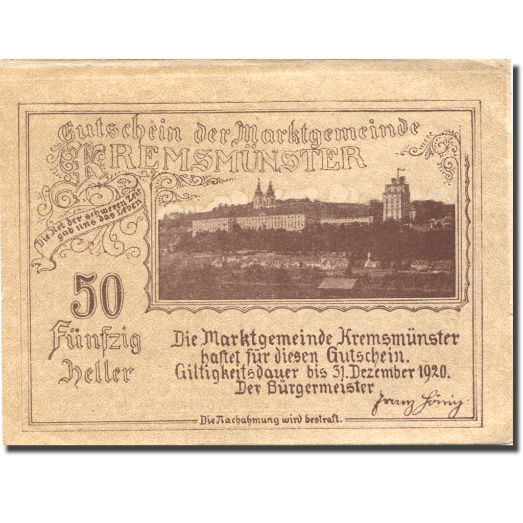 Banknote, Austria Kremsmunster 50 Heller chasseur 1920 UNC(60-62) Mehl:FS 476II