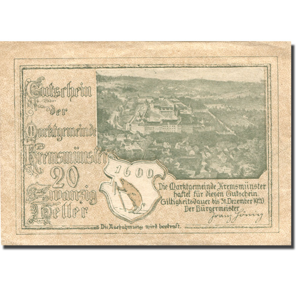 Geldschein, Österreich, Kremsmunster, 20 Heller, lac, 1920 VZ Mehl:FS 476II