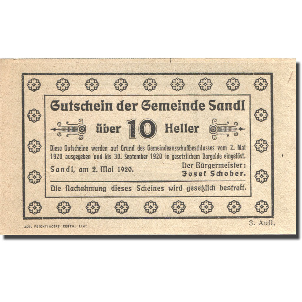 Geldschein, Österreich, Sandl, 10 Heller, village, 1920 UNZ- Mehl:FS 874Ic