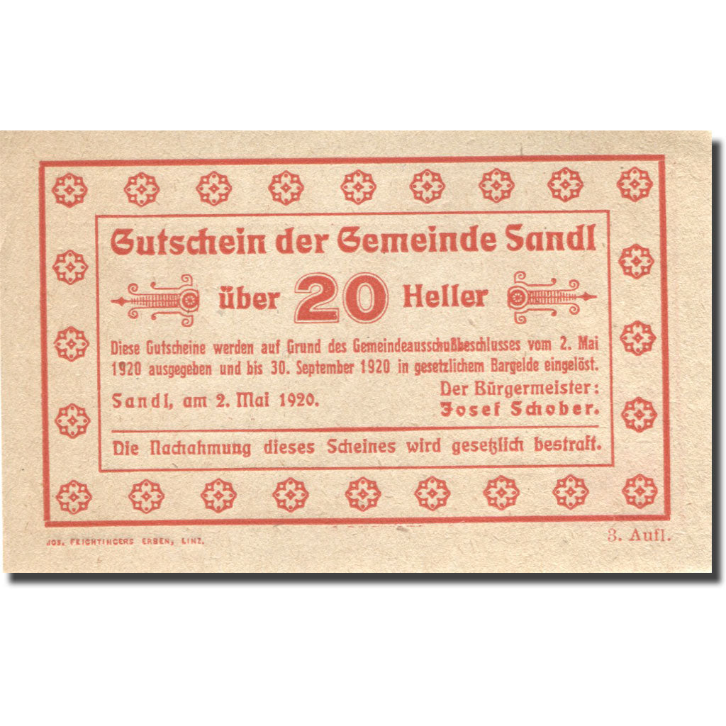 Banknote, Austria, Sandl, 20 Heller, personnage, 1920 UNC(63) Mehl:FS 874Ic