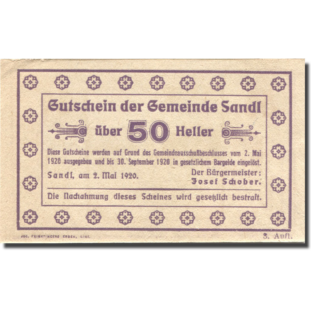 Banknote, Austria, Sandl, 50 Heller, Forêt 1920-09-30, UNC(63), Mehl:FS 874Ic