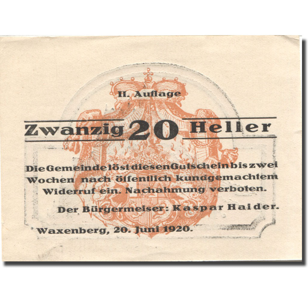 Banknote, Austria, Waxenberg, 20 Heller, Blason 1920 UNC(63) Mehl:FS 1144II