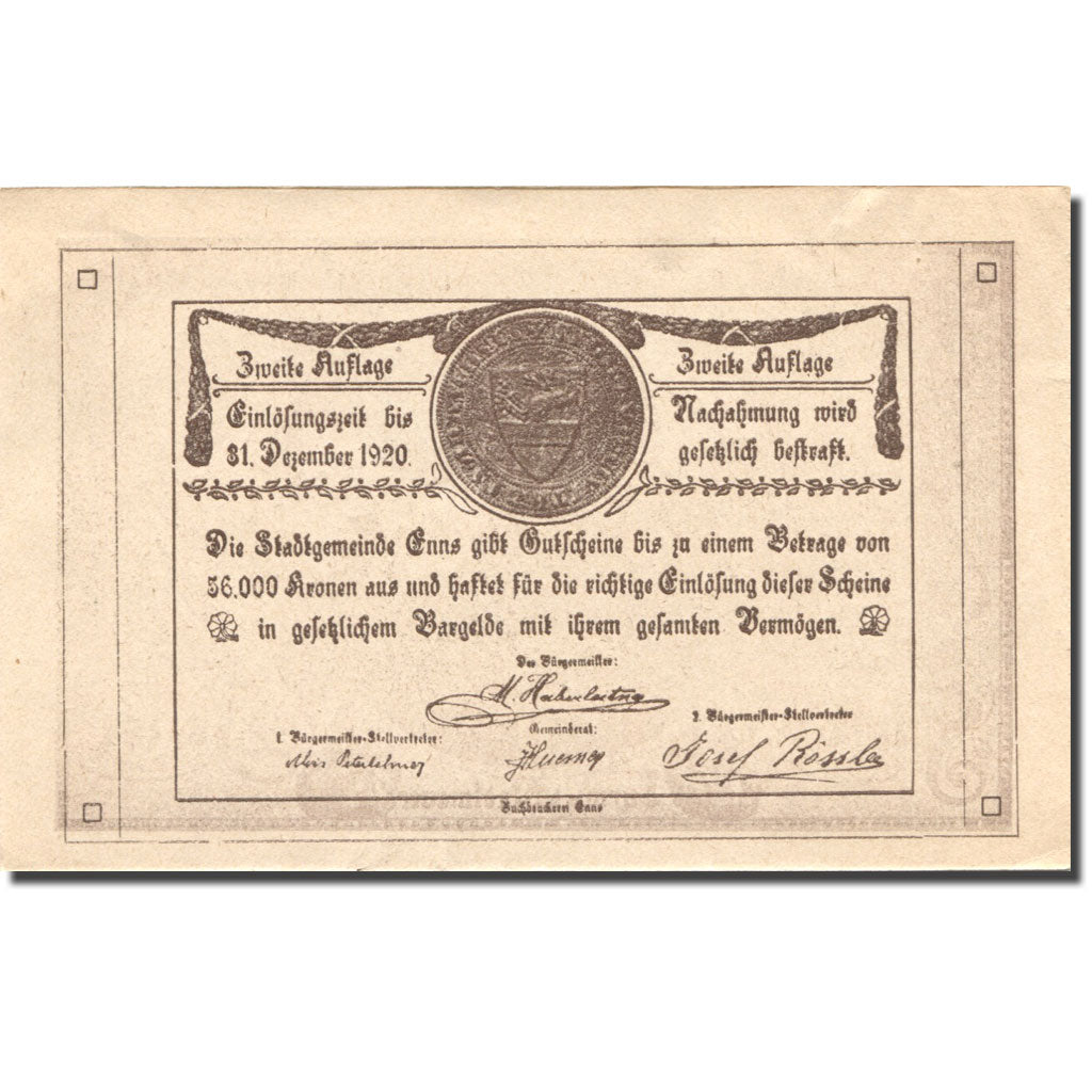Billet, Autriche, Enns, 50 Heller, château 1920-12-31, SUP Mehl:FS 174IIa