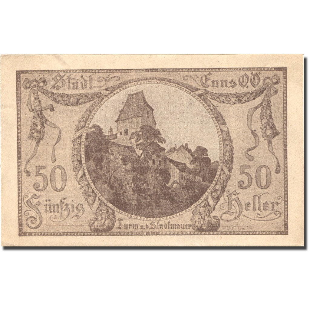 Billet, Autriche, Enns, 50 Heller, château 1920-12-31, SUP Mehl:FS 174IIa