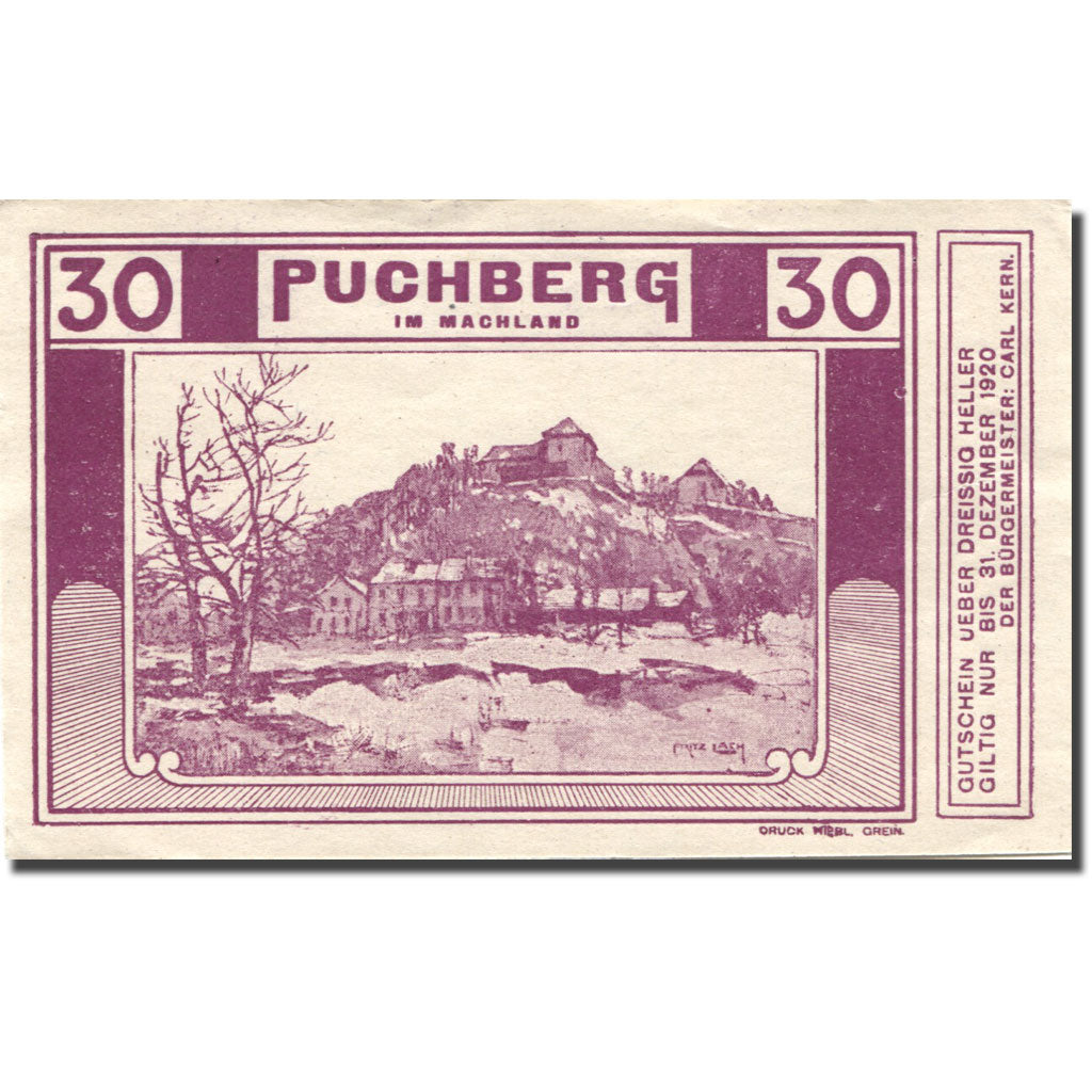 Banknote, Austria, Puchberg, 30 Heller, village, 1920 UNC(63) Mehl:FS 787b2
