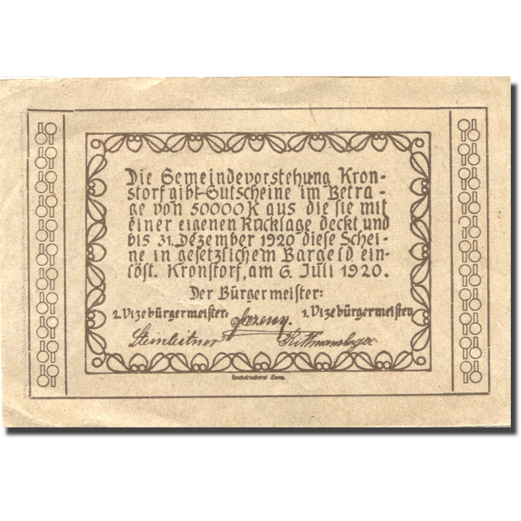 Banknote, Austria, Kronstorf, 50 Heller, Eglise, 1920 UNC(60-62) Mehl:FS 486a