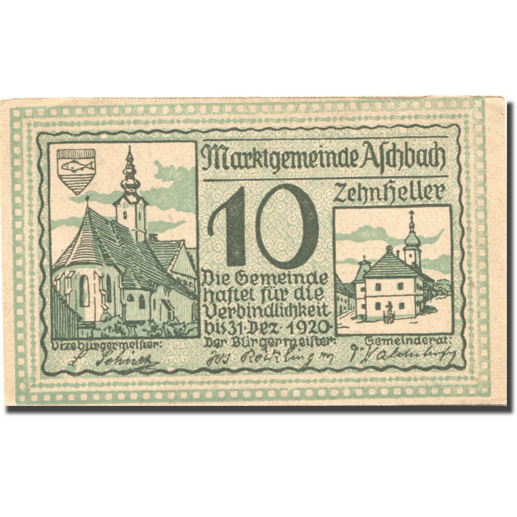 Banknote, Austria, Aschbach, 10 Heller, Eglise, 1920 UNC(63) Mehl:FS 55b
