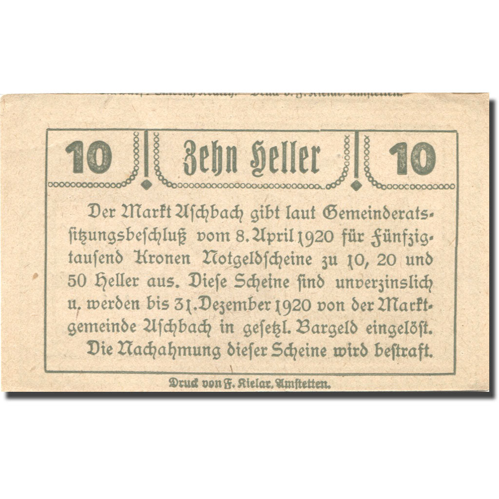 Banknote, Austria, Aschbach, 10 Heller, Eglise, 1920 UNC(63) Mehl:FS 55b
