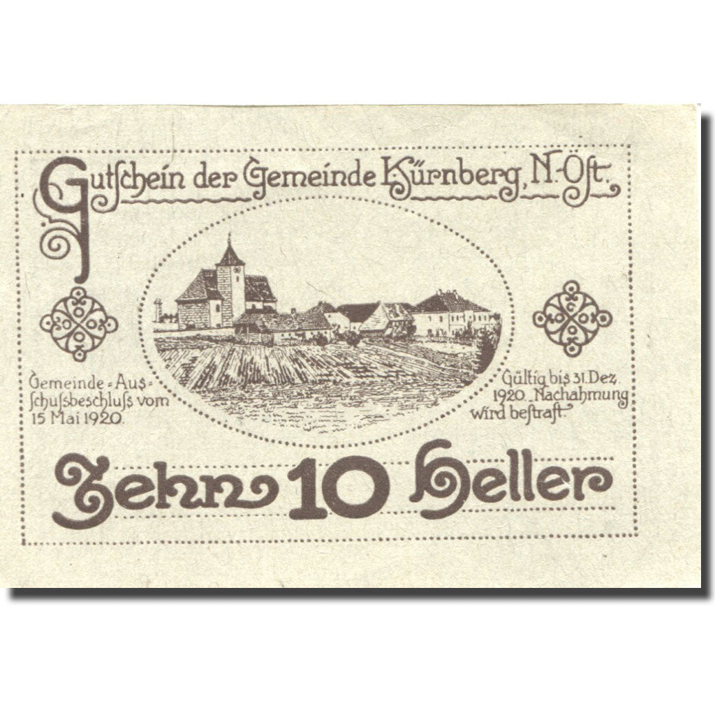 Banknote, Austria, Kürnberg, 10 Heller, village, 1920 UNC(63) Mehl:FS 490a