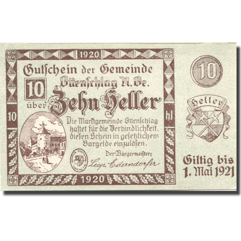 Banknote, Austria, Ottenschlag, 10 Heller, Blason, 1921 UNC(63) Mehl:FS 716a