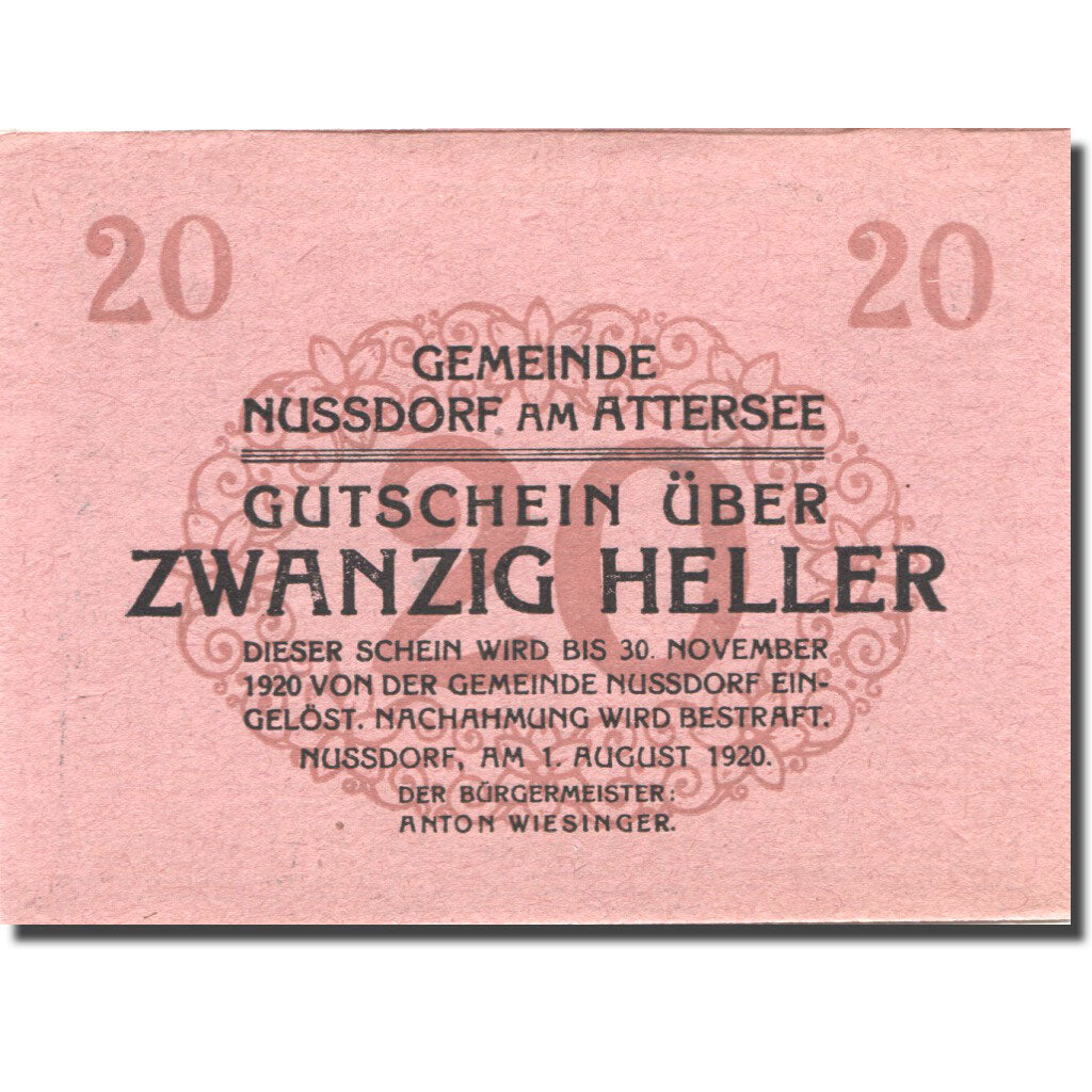 Banknote Austria Nussdorf am Attersee 20 Heller Eglise 1920 UNC(63) Mehl:FS 677a