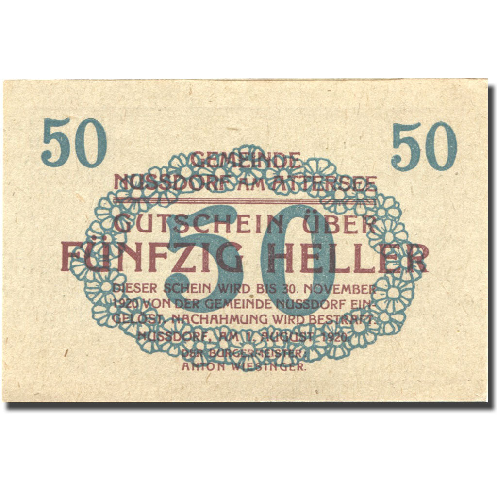 Banknote Austria Nussdorf am Attersee 50 Heller bateau 1920 UNC(63) Mehl:FS 677a