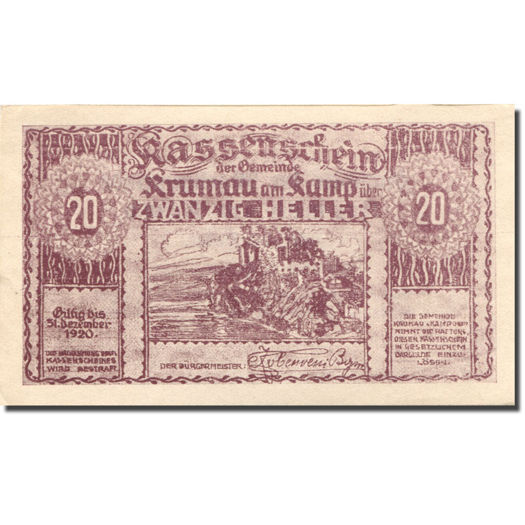 Banknote, Austria, Krumau am Kamp, 20 Heller, château, 1920 UNC(63) Mehl:FS 487a