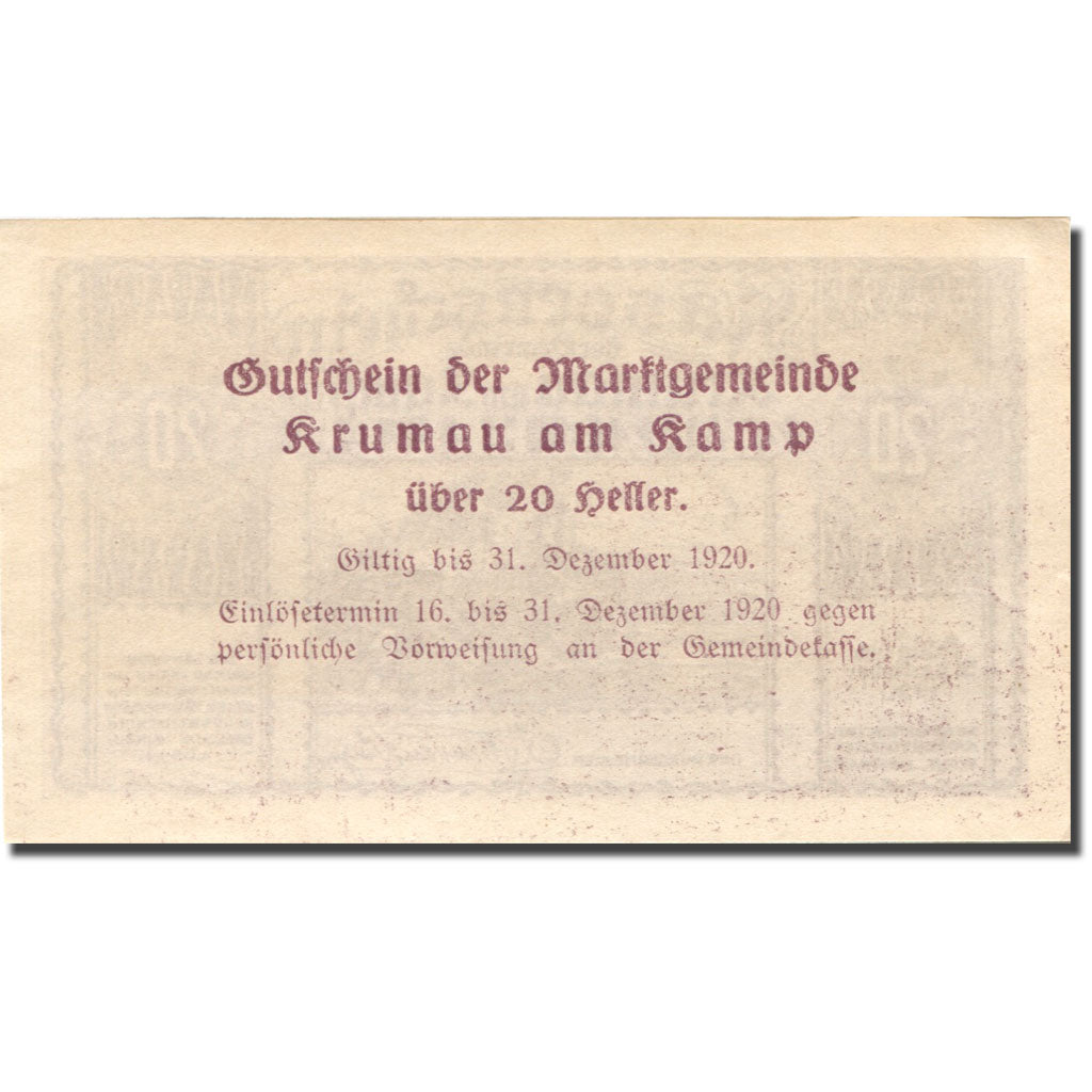 Banknote, Austria, Krumau am Kamp, 20 Heller, château, 1920 UNC(63) Mehl:FS 487a