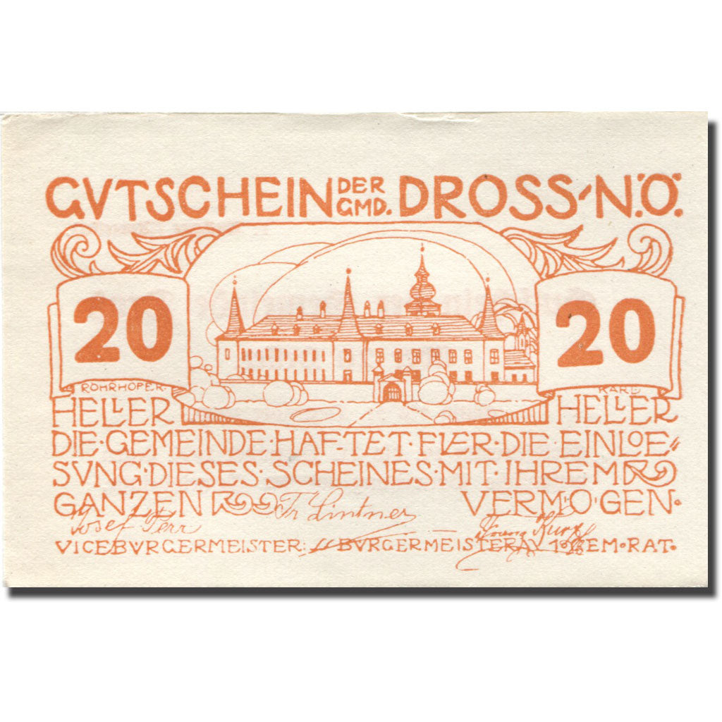 Banknote, Austria, Dross, 20 Heller, château, 1920 UNC(60-62) Mehl:FS 135.7