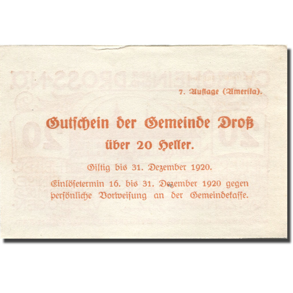 Banknote, Austria, Dross, 20 Heller, château, 1920 UNC(60-62) Mehl:FS 135.7