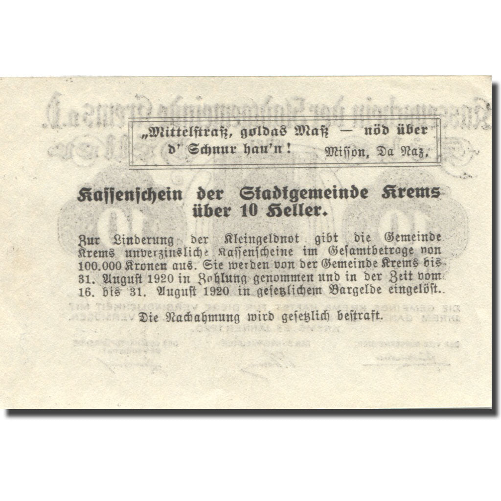Geldschein, Österreich, Krems 10 Heller, Eglise, 1920 UNZ- Mehl:FS 472I