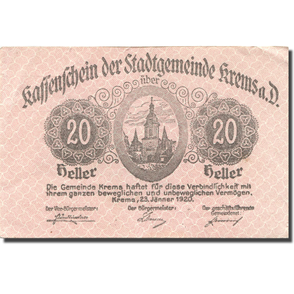 Banknote, Austria, Krems, 20Heller Eglise 1, 1920 UNC(55-58) Mehl:FS 472II