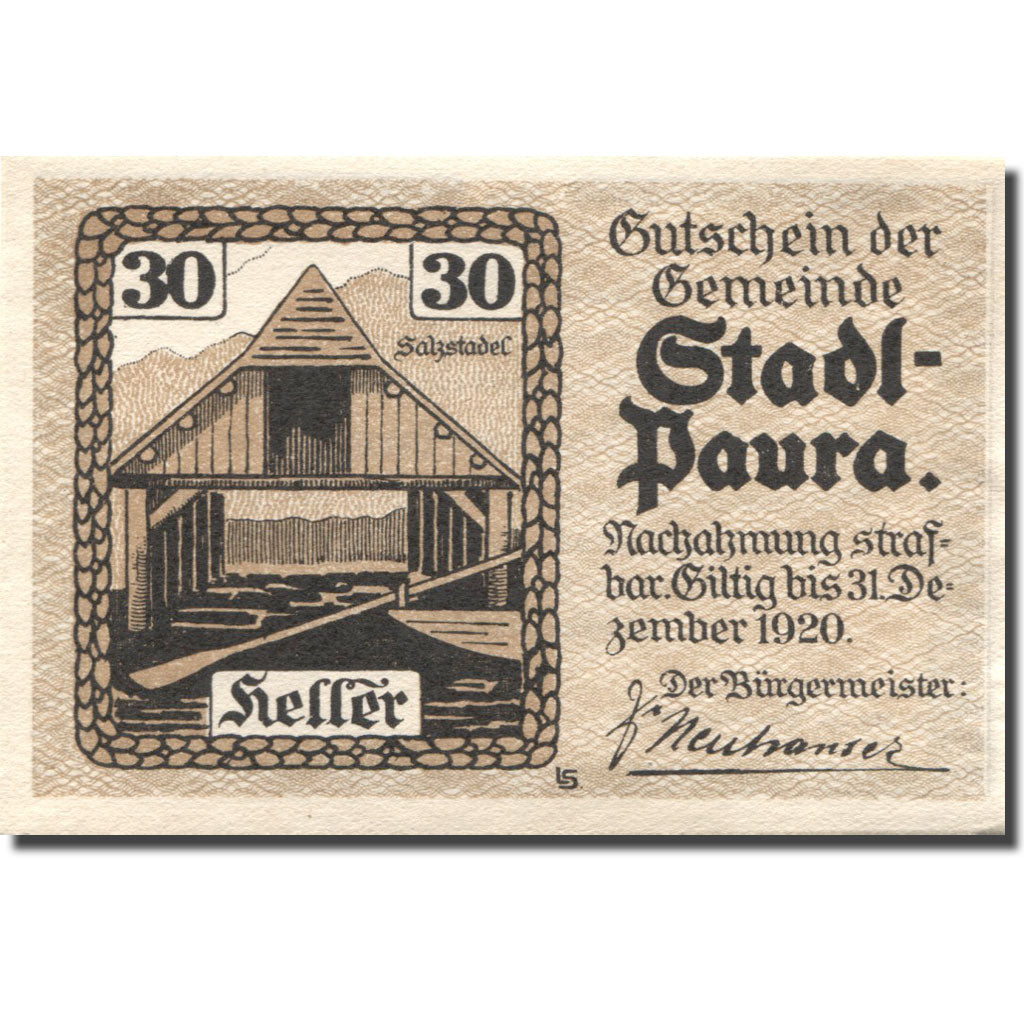 Banknote, Austria, Stadl-Paura, 30 Heller, barque, 1920 UNC(63) Mehl:FS 1008IIa