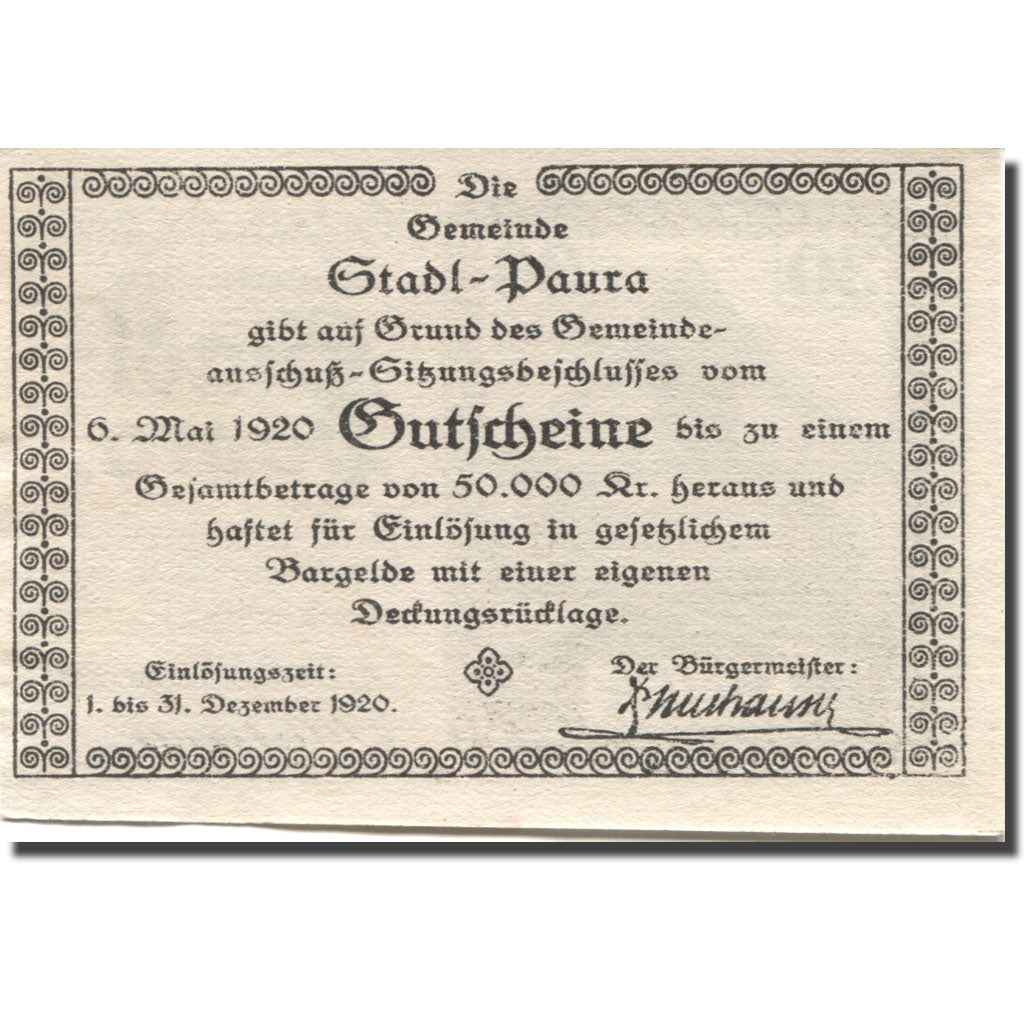 Banknote, Austria, Stadl-Paura, 30 Heller, barque, 1920 UNC(63) Mehl:FS 1008IIa