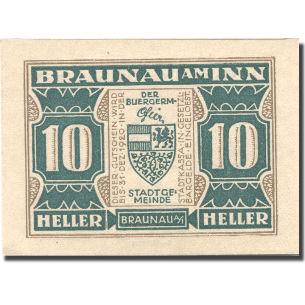 Banknote, Austria, Braunau am Inn, 10 Heller, Blason, 1920 UNC(63) Mehl:FS 101