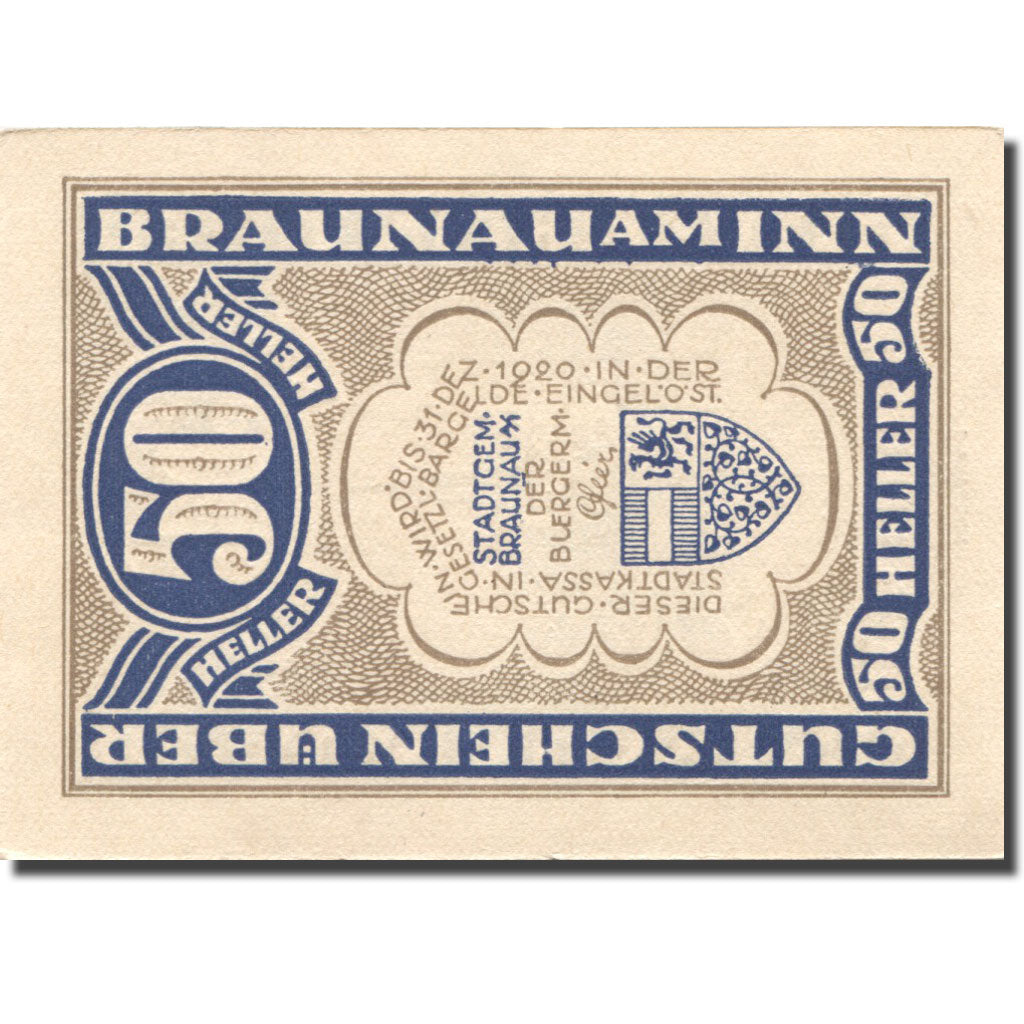 Nota, Áustria, Braunau am Inn, 50 Heller, Eglise, 1920 UNC(63) Mehl:FS 101
