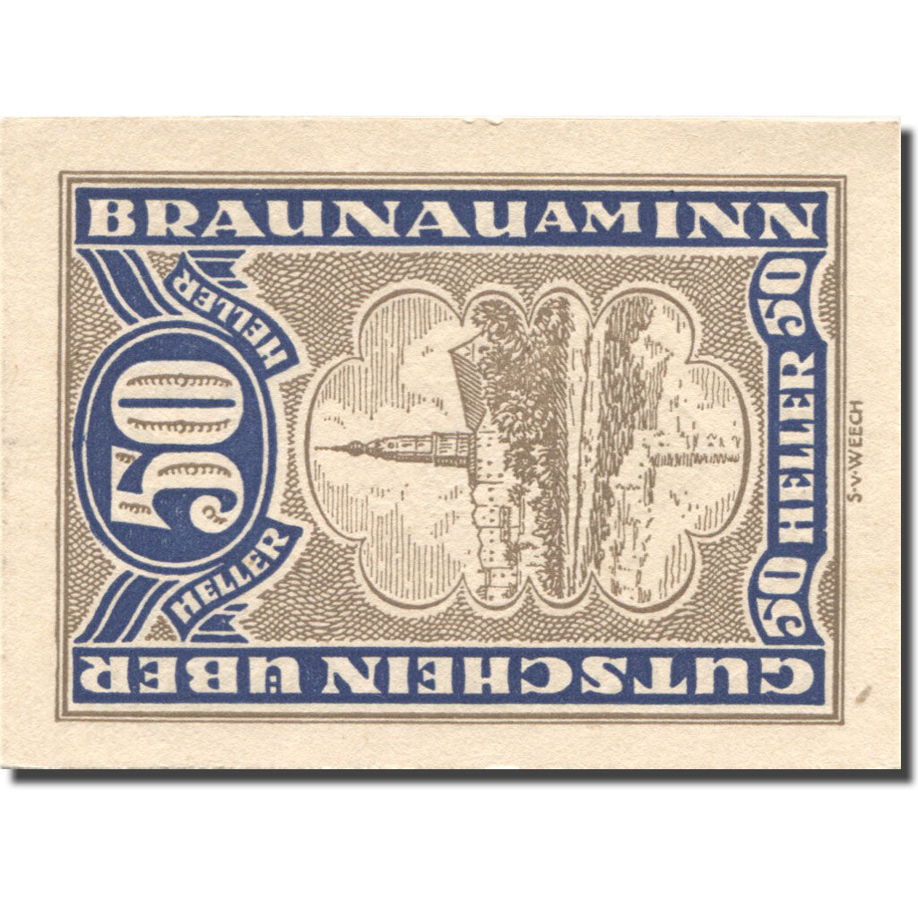 Nota, Áustria, Braunau am Inn, 50 Heller, Eglise, 1920 UNC(63) Mehl:FS 101