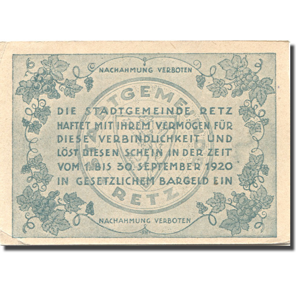 Banknote, Austria, Retz, 50 Heller, village 1920-09-30, UNC(63), Mehl:FS 832a