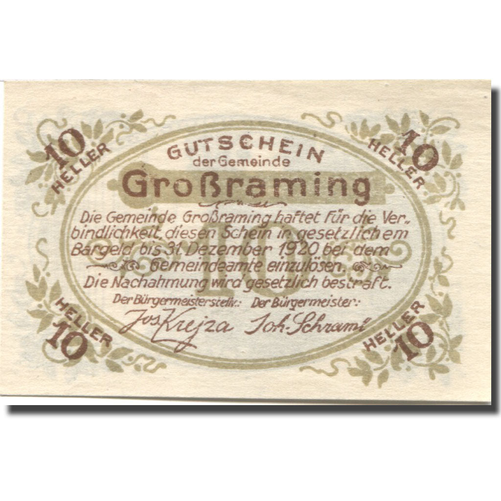 Banknote, Austria, Grossraming, 10 Heller, Eglise, 1920 UNC(63) Mehl:FS 296I