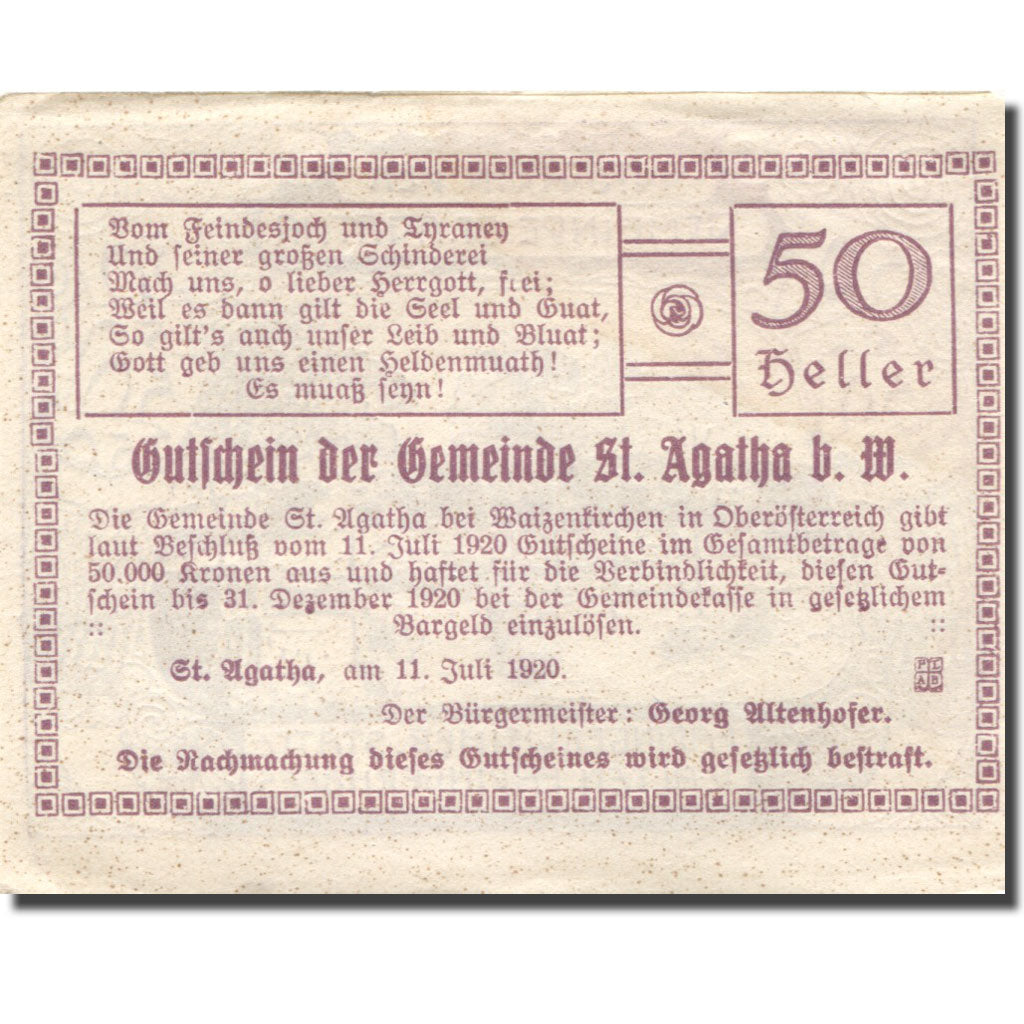 Banconote, Austria, St Agatha, 50 Heller, paysage, 1920 SPL Mehl:FS 877IIc