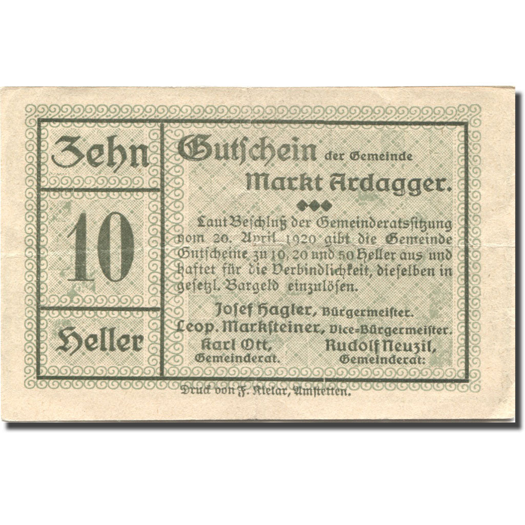 Banknote, Austria, Ardagger, 10 Heller, village, 1920 EF(40-45) Mehl:FS 50b