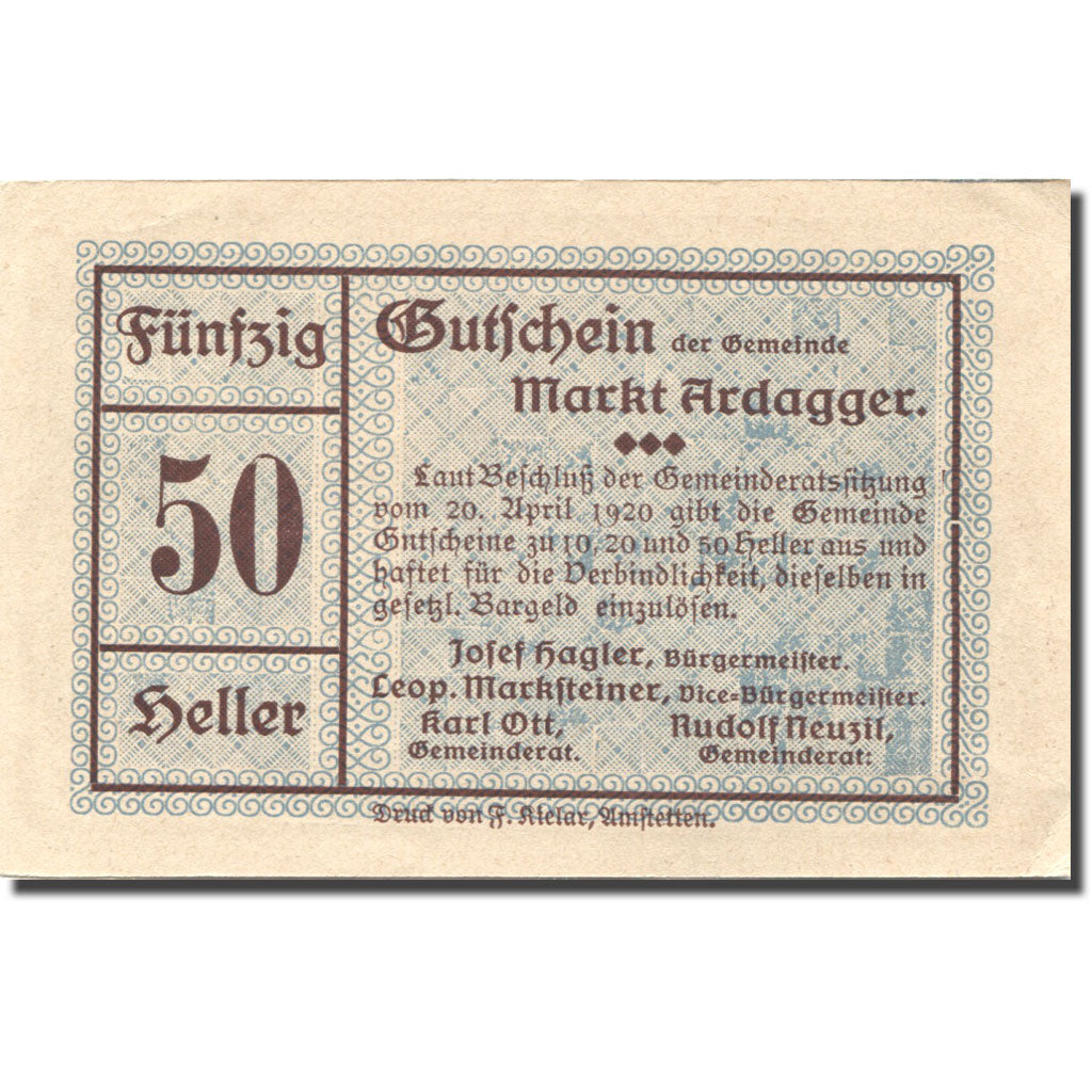 Banknote, Austria, Ardagger, 50 Heller, château 1920-04-20, UNC(63) Mehl:FS 50a