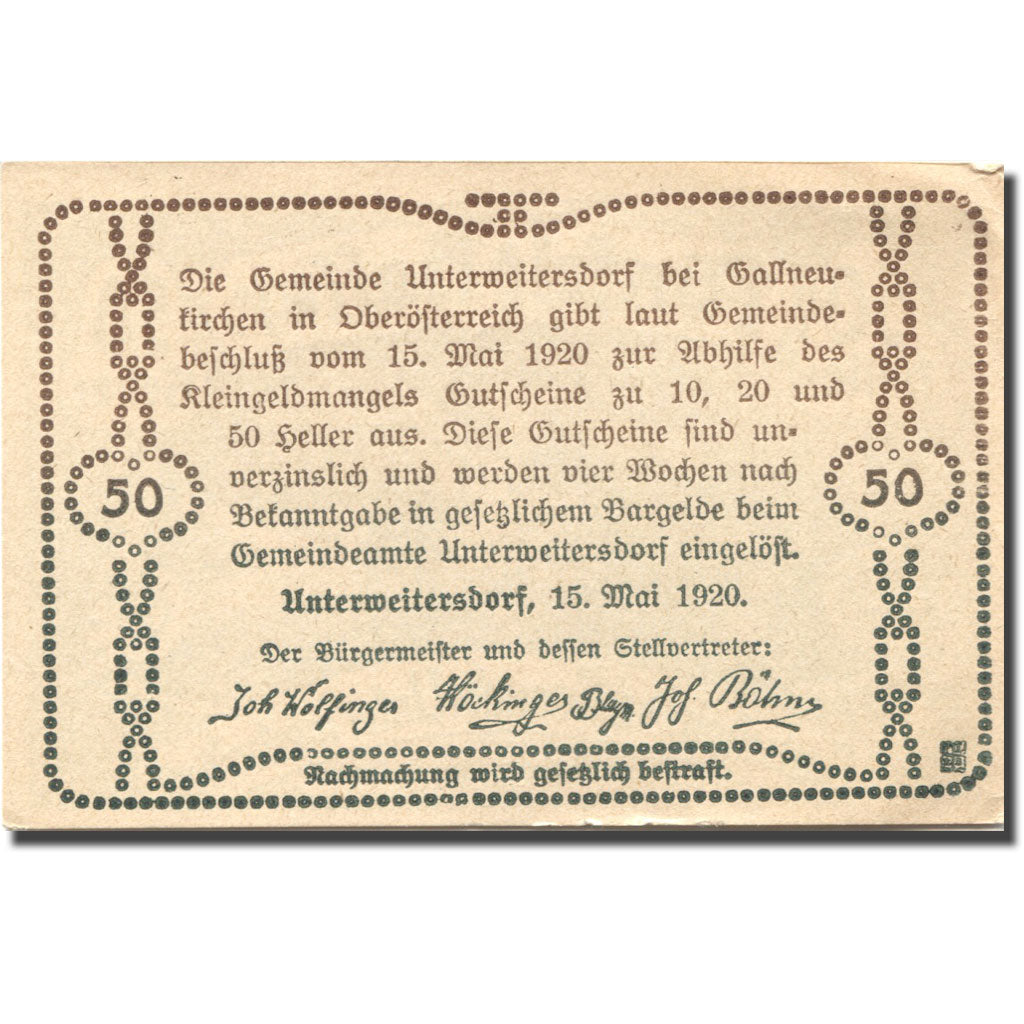 Banknote, Austria, Unterweitersdorf, 50 Heller, ferme, 1920 UNC(63) Mehl:FS 1102