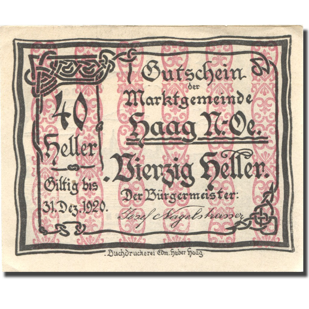 Banknote, Austria, Haag, 40 Heller, paysage 1920-12-31, UNC(63), Mehl:FS 318