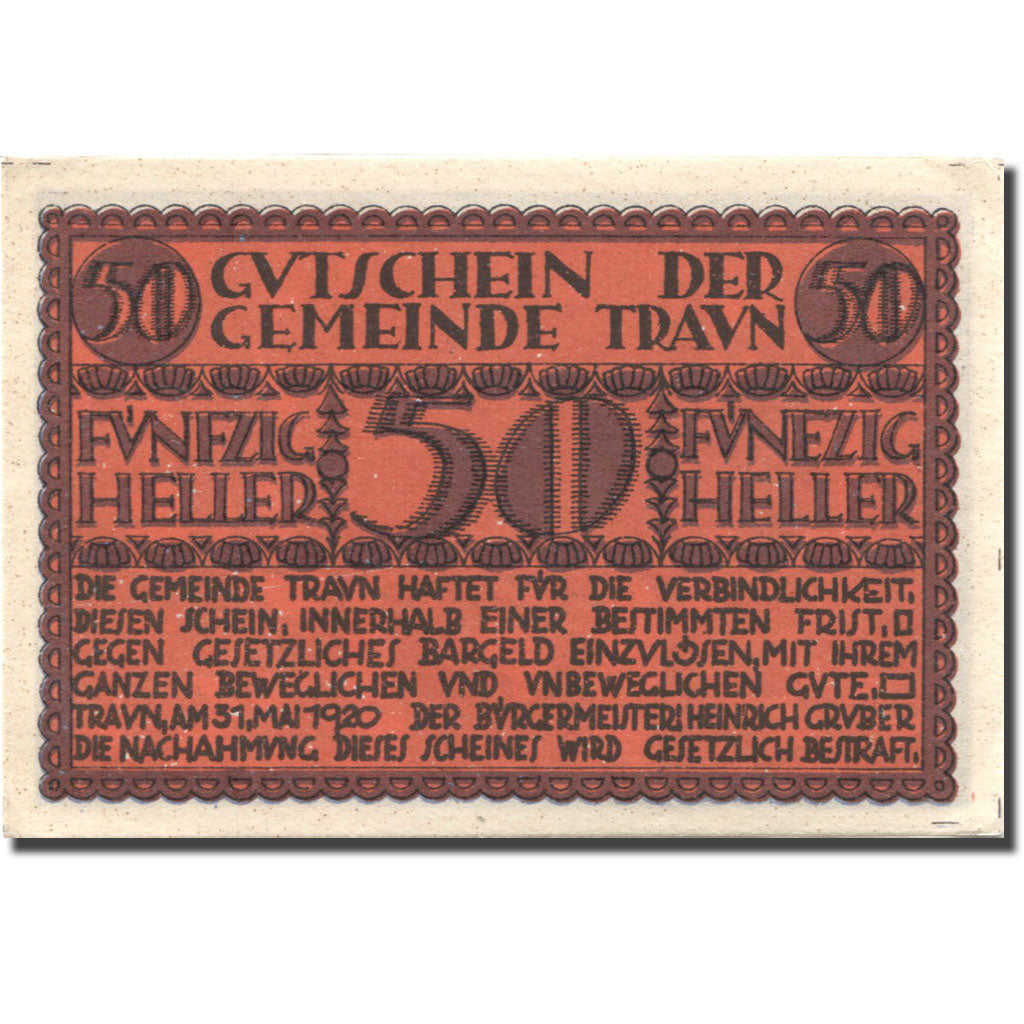 Banknote, Austria, Traun, 50 Heller, château, 1920 UNC(63) Mehl:FS 1080