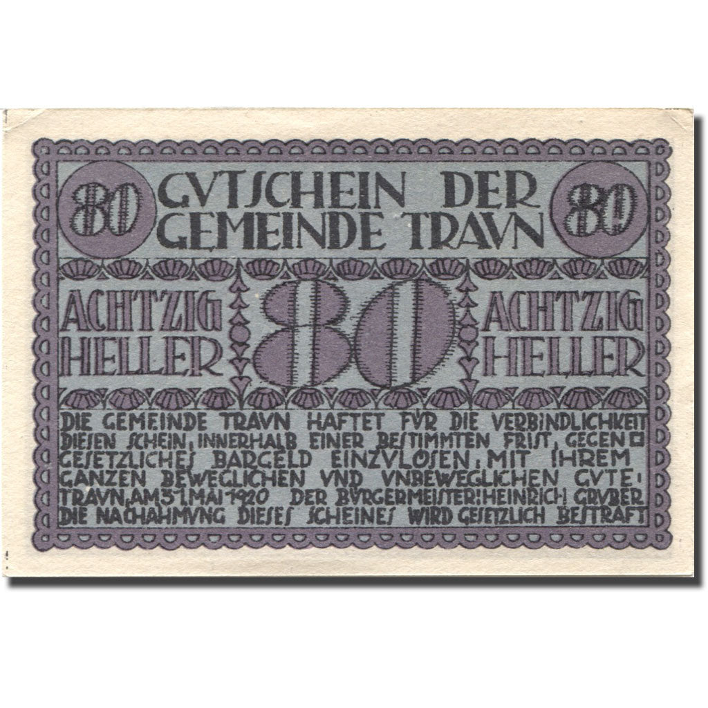 Banknote, Austria, Traun, 80 Heller, chateau 1, 1920 UNC(63) Mehl:FS 1080