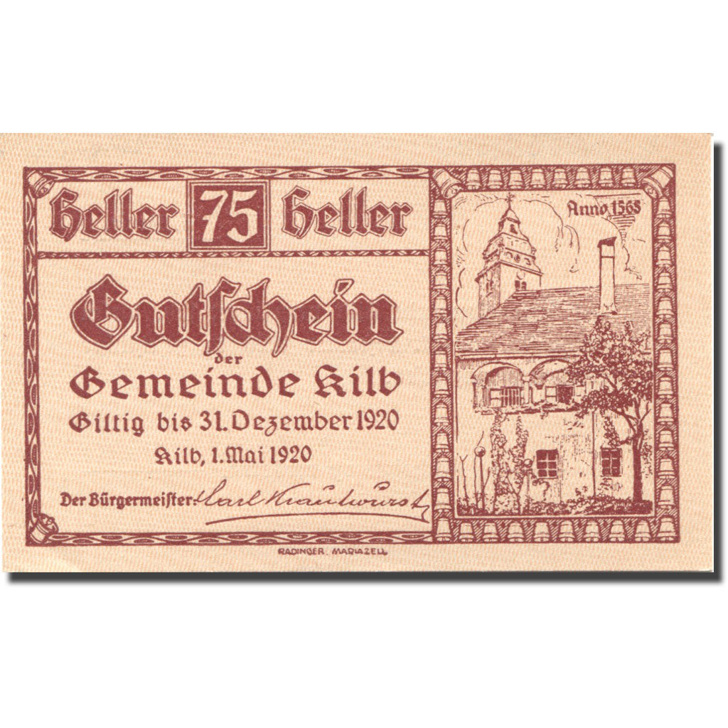 Banknote, Austria, Kilb, 75 Heller, Eglise, 1920, UNC(63), Mehl:FS 436IIa