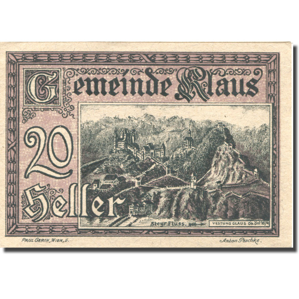 Banknote, Austria, Klaus, 20 Heller, château, 1920 UNC(63) Mehl:FS 454Ia