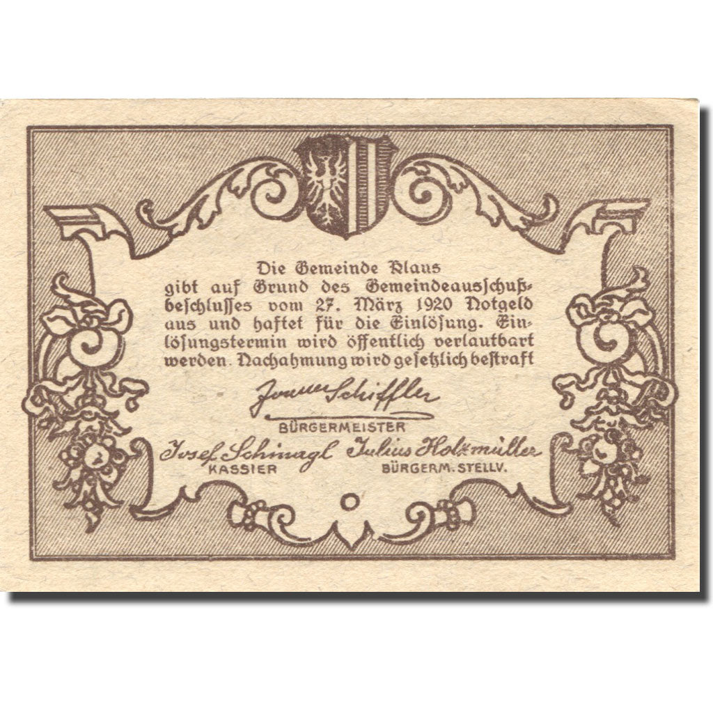 Banknote, Austria, Klaus, 20 Heller, château, 1920 UNC(63) Mehl:FS 454Ia