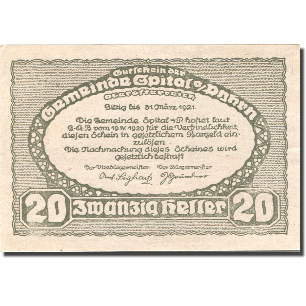 Banknote, Austria Spital am Pyhrn, 20 Heller, Eglise 1921 UNC(63) Mehl:FS 1007Ia