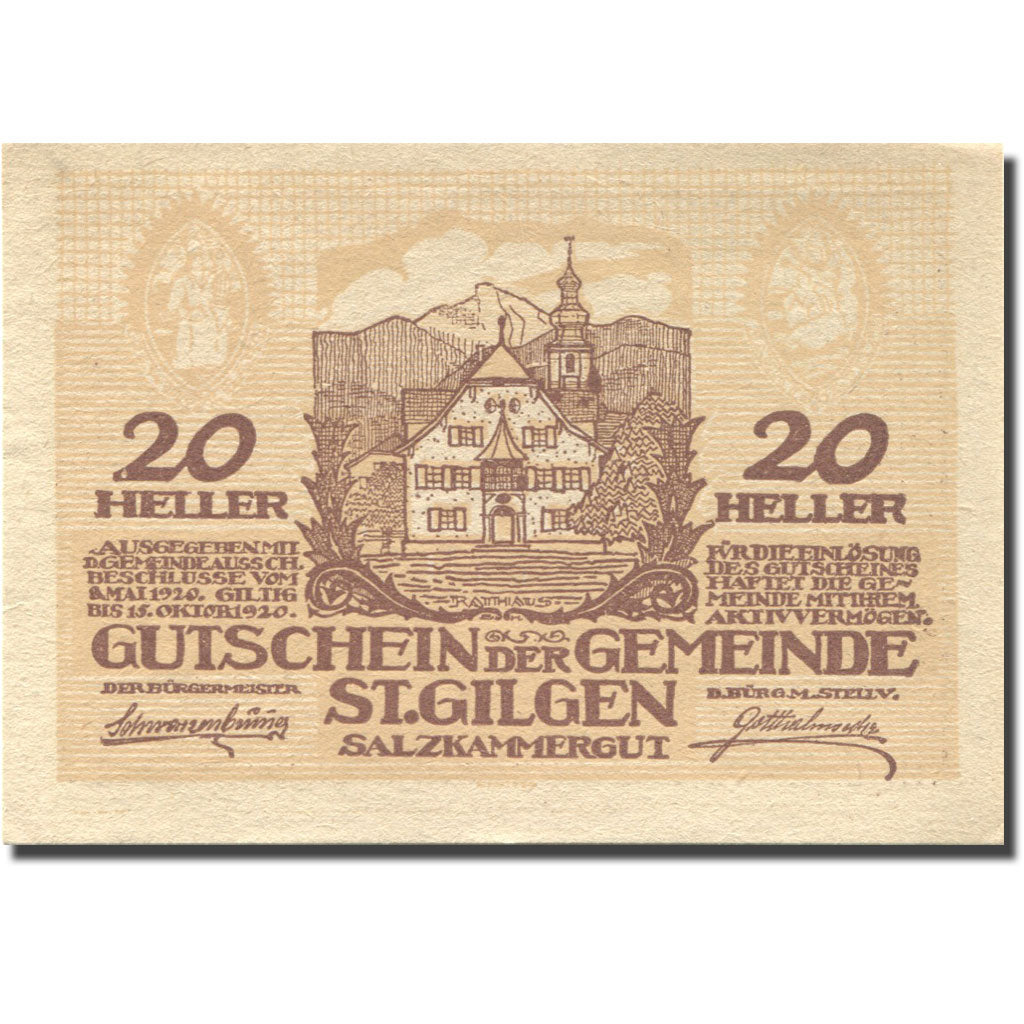 Banknote, Austria, St Gilgen, 20 Heller, Eglise, 1920 UNC(63) Mehl:FS 891a