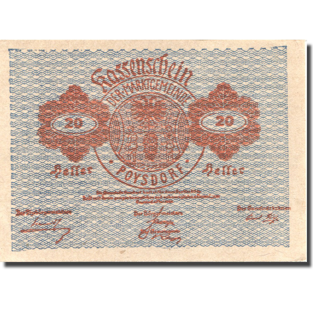 Banknote, Austria, Poysdorf, 20 Heller, Blason, 1920 UNC(63) Mehl: FS 776