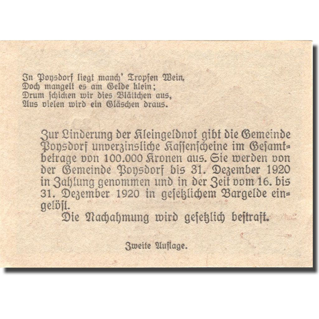 Banknote, Austria, Poysdorf, 20 Heller, Blason, 1920 UNC(63) Mehl: FS 776