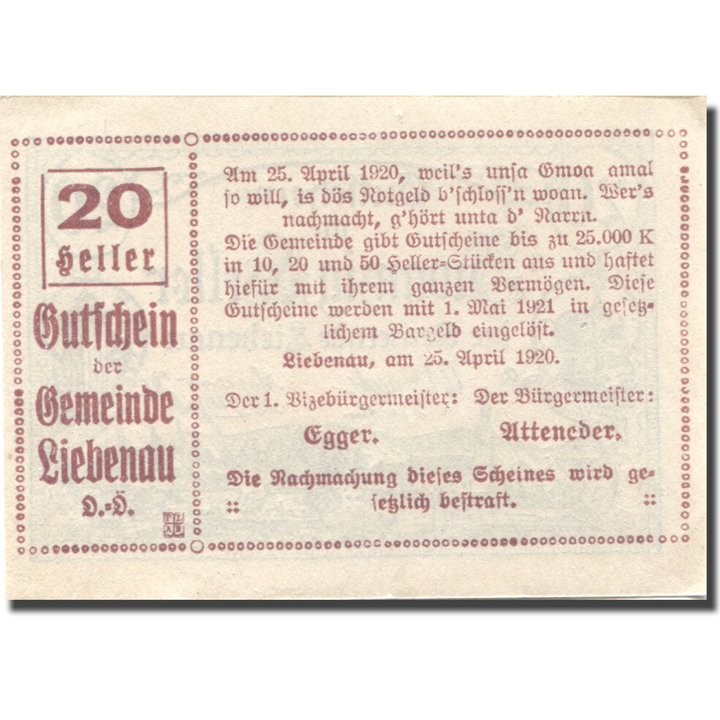 Banknote, Austria, Liebenau, 20 Heller, village, 1921 UNC(63) Mehl:FS 521