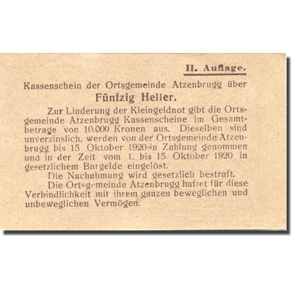 Banknote, Austria, Atzenbrugg, 50 Heller, personnage, 1920 UNC(63) Mehl:FS 63IIa