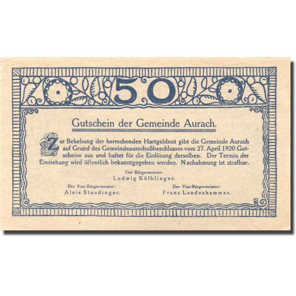 Banknote, Austria, Aurach, 50 Heller, Eglise 1920-04-27, UNC(63), Mehl:FS 68a